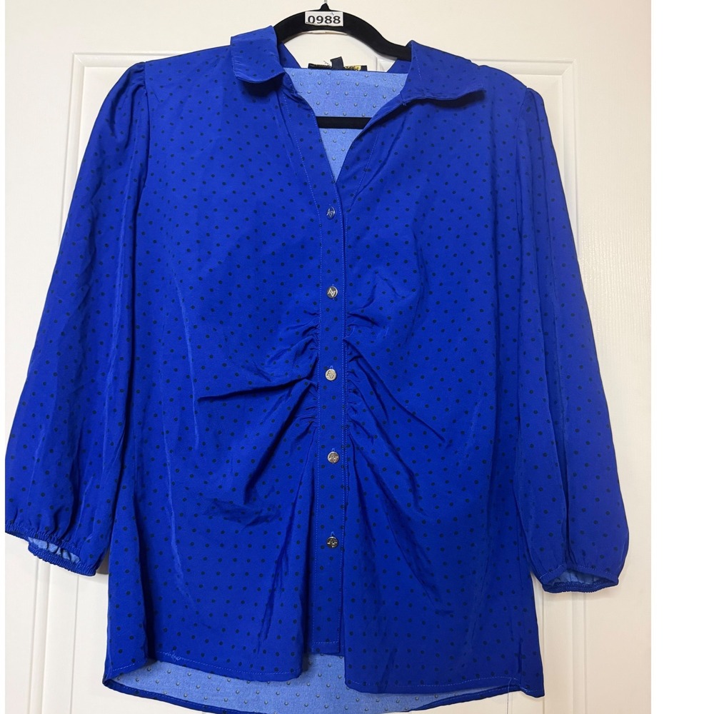 Adrienne Vittadini Royal Blue Polka Dot Ruched Button Down Blouse Large